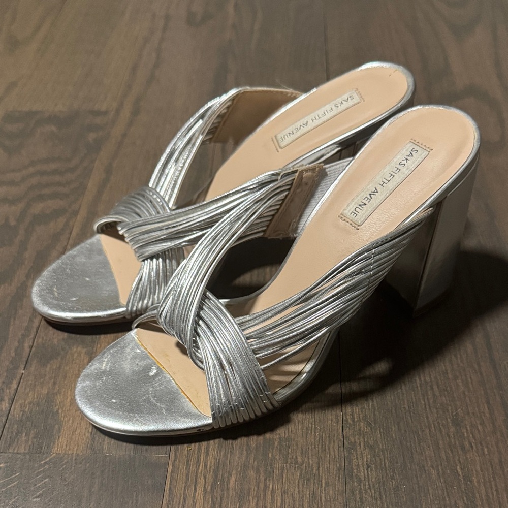 Saks Fifth Avenue Silver Braided Strap Block Heel Mules